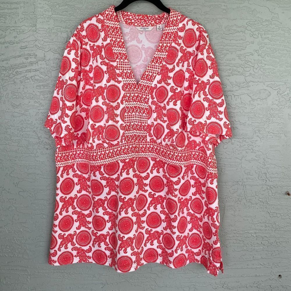 LIZ CLAIBORNE Sz 3X Pink & WHITE PATTERNED Short SLEEVE V NECK